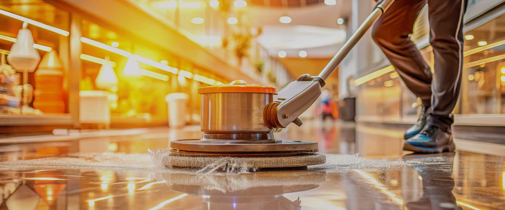 A person uses a floor polishing machine to clean and shine a glossy tiled floor inside a brightly lit building or shopping mall.