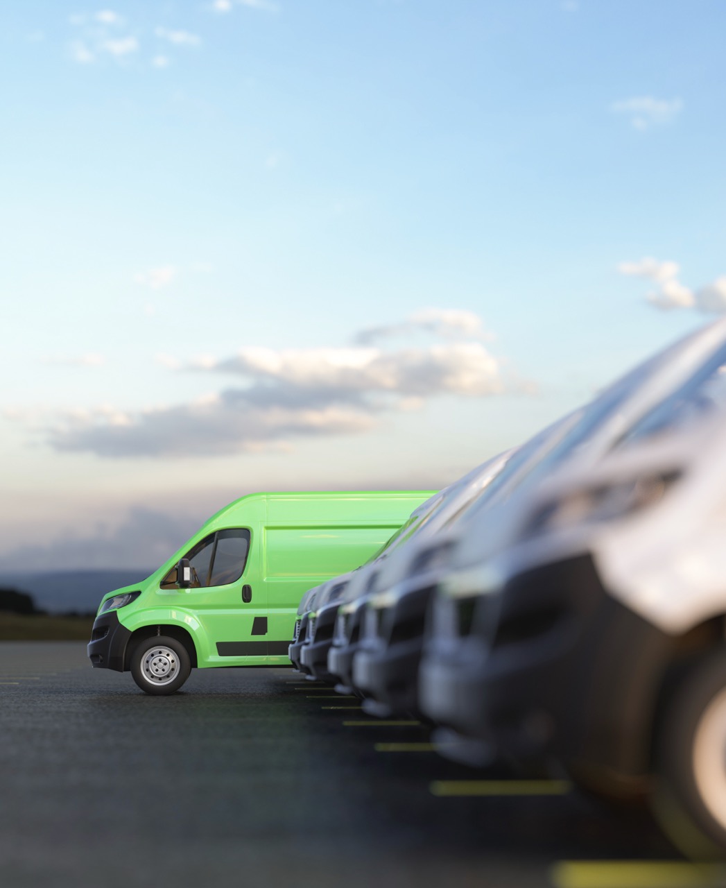 A bright green van advertising fleet cleaning services stands out in a row of gray vans parked on asphalt under a partly cloudy sky, with a shallow depth of field highlighting the vibrant vehicle.