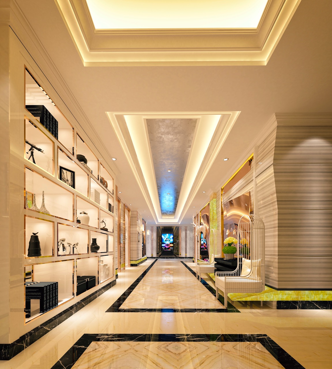 Luxurious, brightly-lit hallway with marble floors, decorative ceilings, built-in shelves displaying artistic objects, and elegant seating areas—meticulously maintained by professional hotel cleaning services for a pristine and welcoming ambiance.