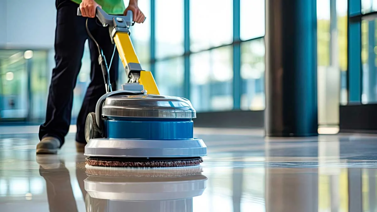 A person operates a large, industrial floor cleaning machine on a shiny, polished floor in a bright, modern building with large windows.